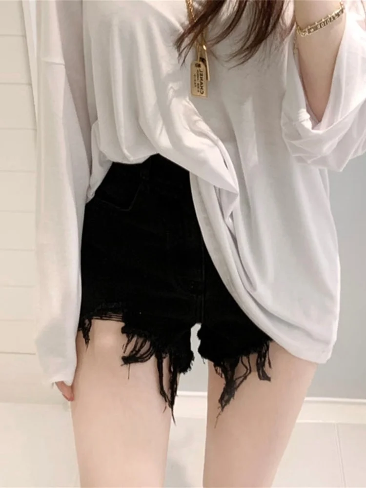 

2021 New Sweet Korean High Waist Thin Drawing Hole Tassel Solid Color Denim Shorts Trend Women Hot Sexy Black Shorts N9O3