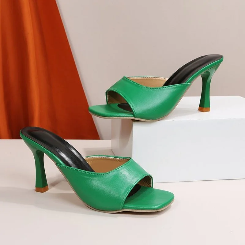 

2022 Summer Women Pumps Leather Square Toe Sandal Ladies Heel Mules Thin High Heels Sandals Slippers Female Fashion Woman Shoes