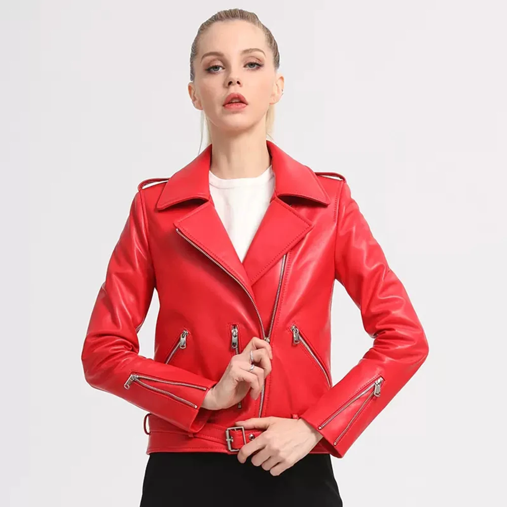 New Women Genuine Leather Moto Jacket Spring Autumn Casual Streetwear Style Turn-down Collar Sheepskin Coat Slim Short Outerwear