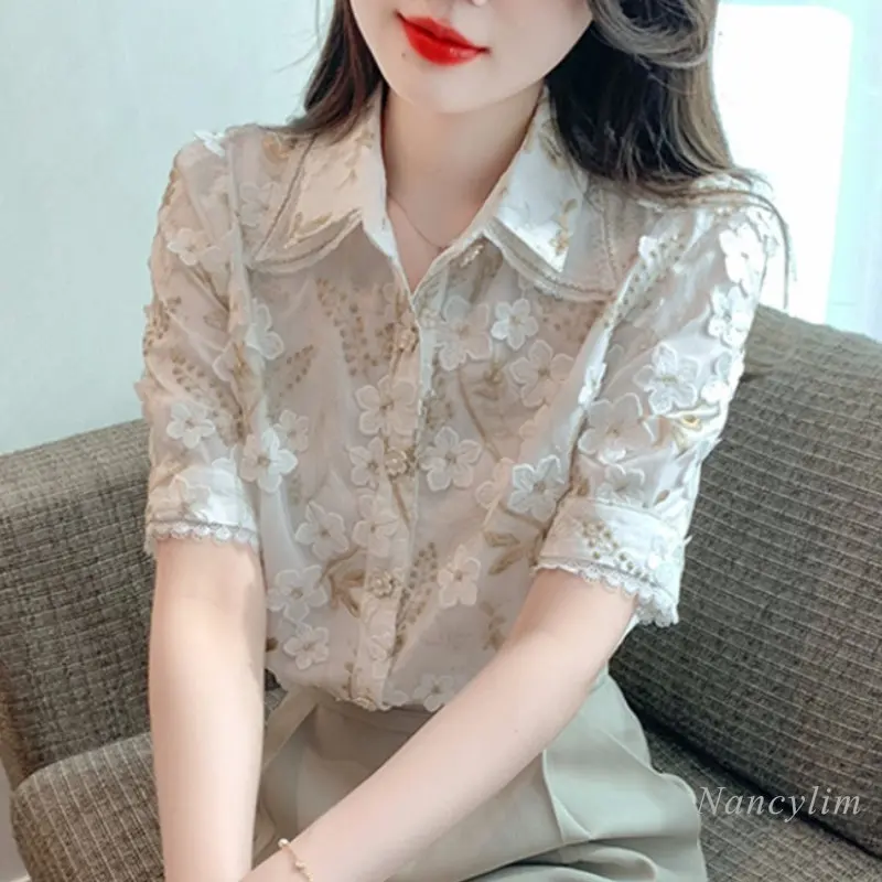 

2023 Summer Three-dimensional Floral Shirt for Women Short-Sleeved Shirts Woman's Clothing New Buttons Top Turn Collar Blusas