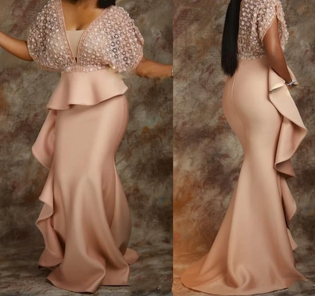 

2022 Dubai Arabic African Mermaid Prom Dresses Sexy Deep V Neck Satin Long Formal Evening Dress Sweep Train Cocktail Party Gown