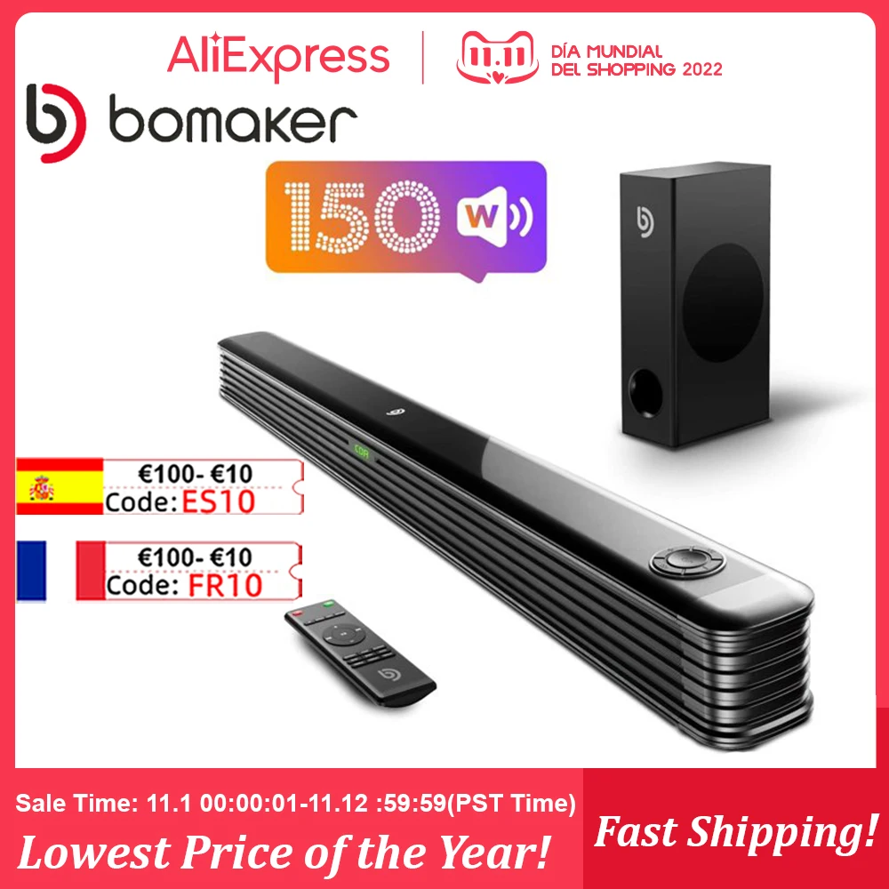 

BOMAKER 150W 2.1 Soundbar Home Theater Sound System Bluetooth Speaker SoundBar with Subwoofer Support Optical AUX Coaxial USB