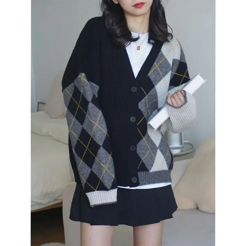 

Deeptown Korean Preppy Style Argyle Sweater Cardigan Women Vintage Patchwork Jumper Harajuku Fashion Button Knitted Tops Female