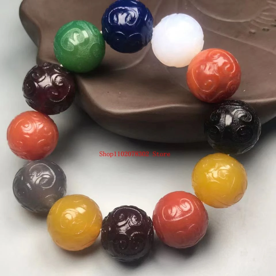 

Chinese hand-carved Tibetan natural agate multi-gem colored bracelet bracelet