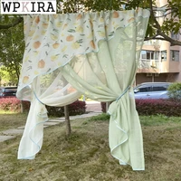 pastoral yellow peach staggered curtain for kitchen with solid green sheer drape bay window partition rod pocket 451cd