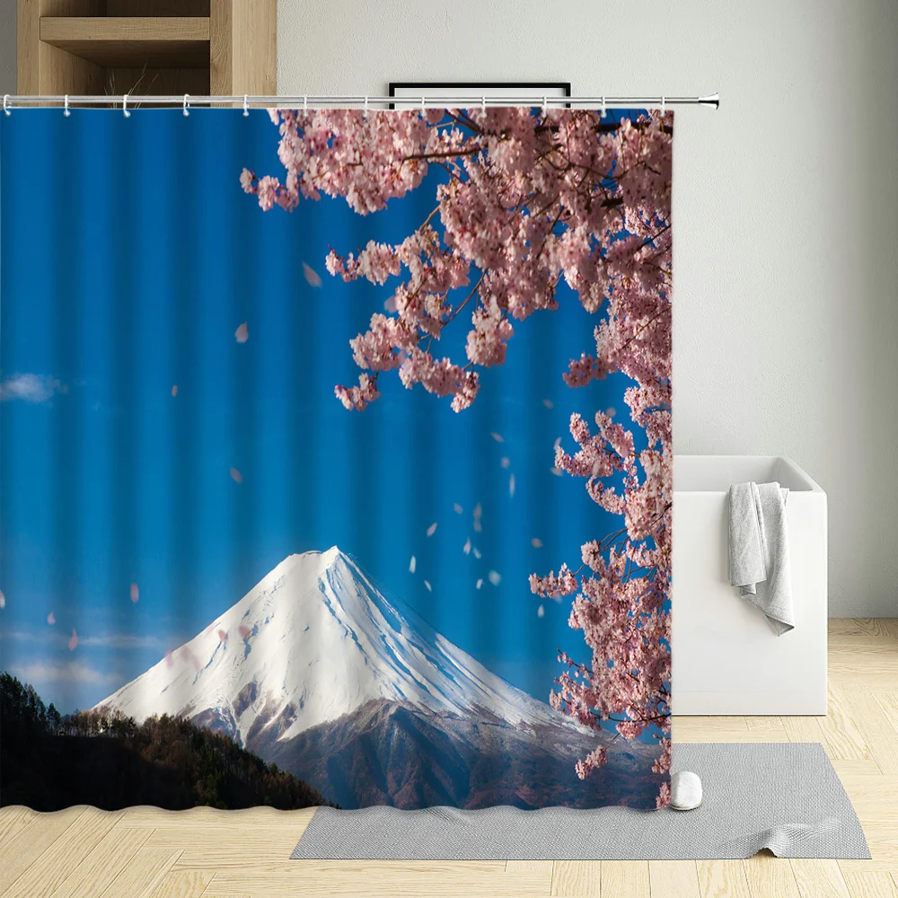 

Mount Fuji Scenery Shower Curtain Japanese Cherry Blossom Flowers Plants Trees Landscape Bathroom Waterproof Curtains Home Decor