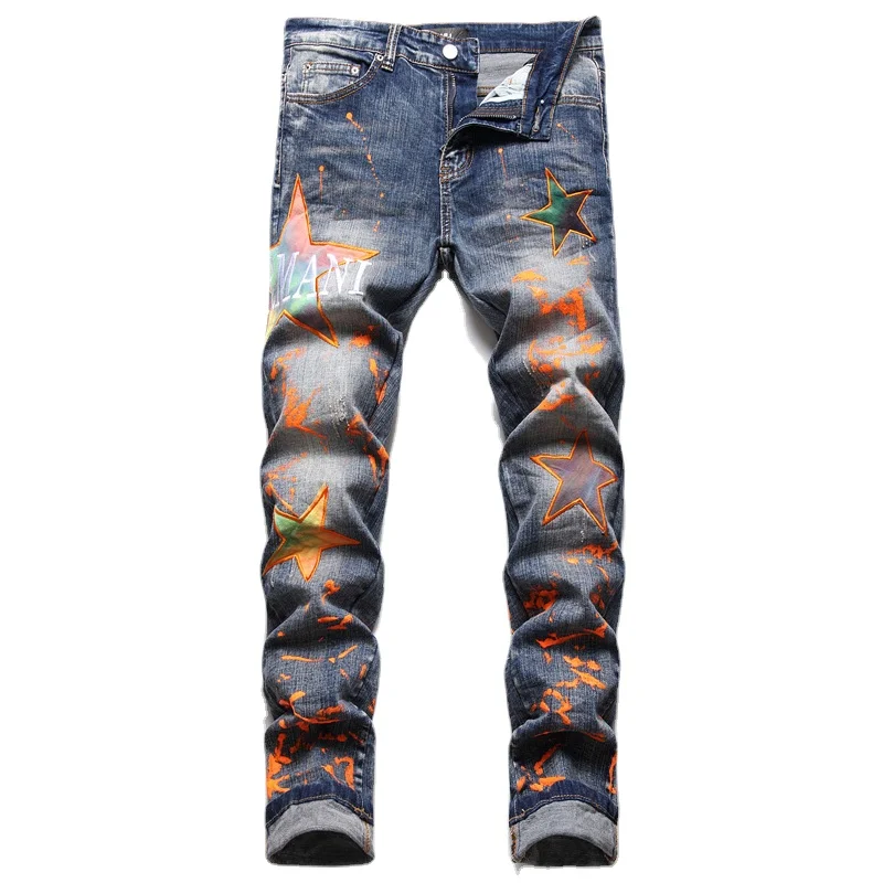 

Hip Hop Men's Casual Jeans High Quality Flame Paint Pantagram Embroidery Elastic Slim Pencil Denim Pants Men Skinny Jeans