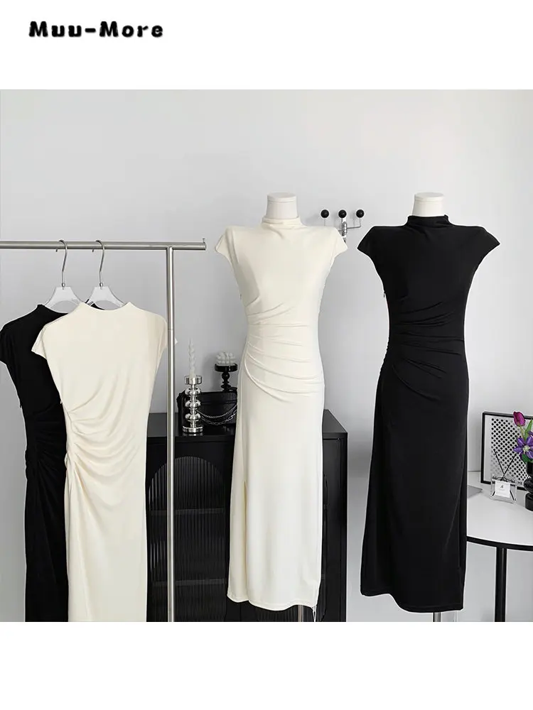 

Женское винтажное однотонное платье-футляр, элегантное классическое офисное платье-трапеция средней длины со складками и воротником-стойкой, лето 2023