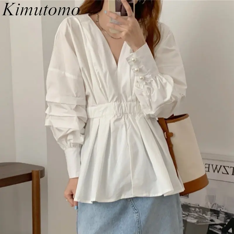 

Элегантная свободная дизайнерская Однотонная рубашка Kimutomo со складками, женская мягкая блузка с V-образным вырезом и длинными рукавами, пли...