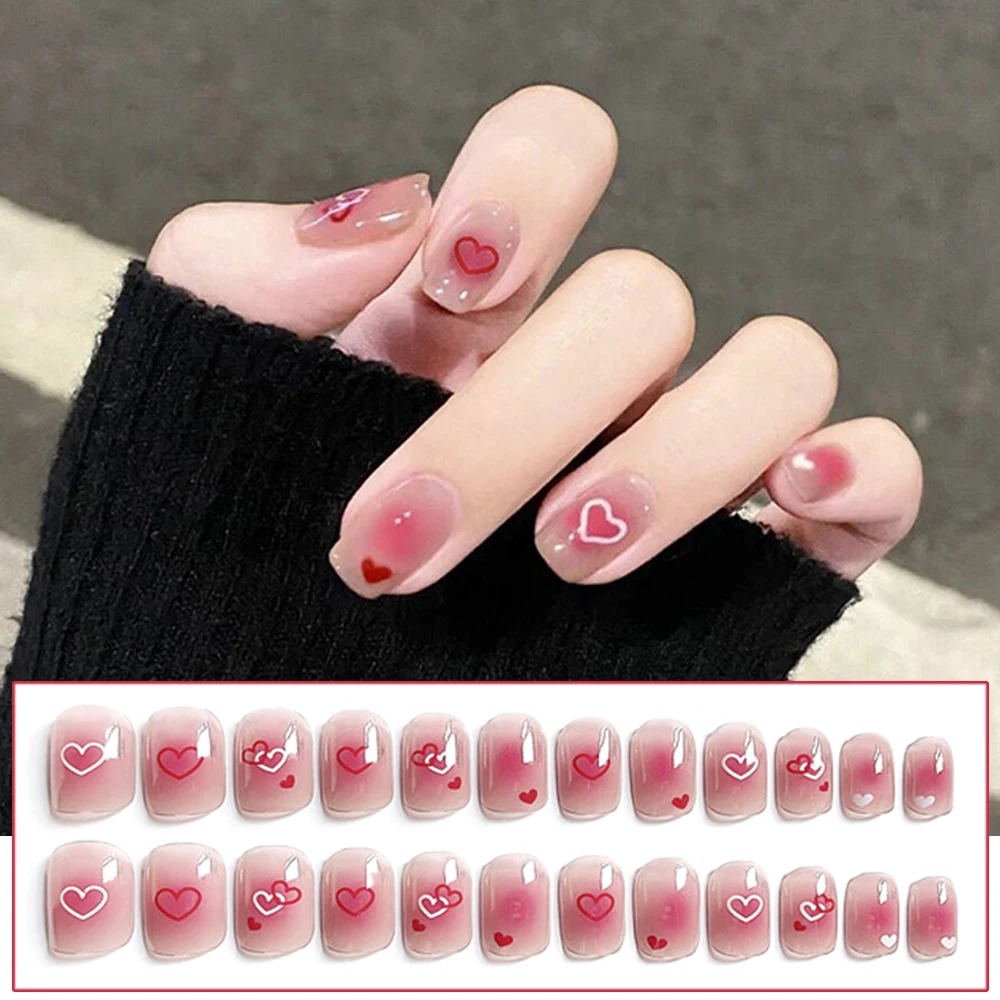 

24PCS Short Press on Nails Cute Heart Design Sweet Style Full Coverage Nails with Jelly Gel/Glue Removable Save Time NN