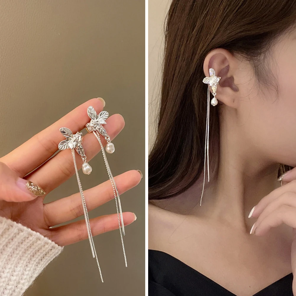 

Korea Silver Color Metal Butterfly Ear Clips Without Piercing For Women Pearl Long Tassel Ear Cuff Clip Earrings Wedding Jewelry
