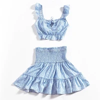 iclosam sexy blue ruffle short dress women two piece set summer floral print beach casual polka dot mini vestidos