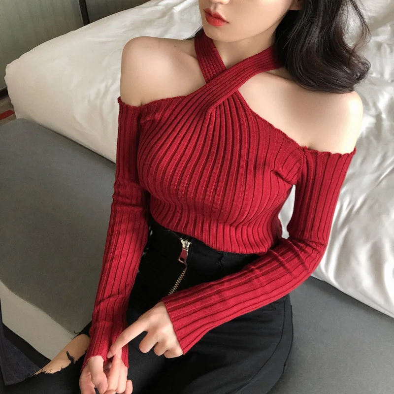 

Autumn/Winter 2023 New Slash Neck Wild Fashion Sexy Long Sleeves Comfortable Leisure Cross Solid Women's Pullover Knit Sweater