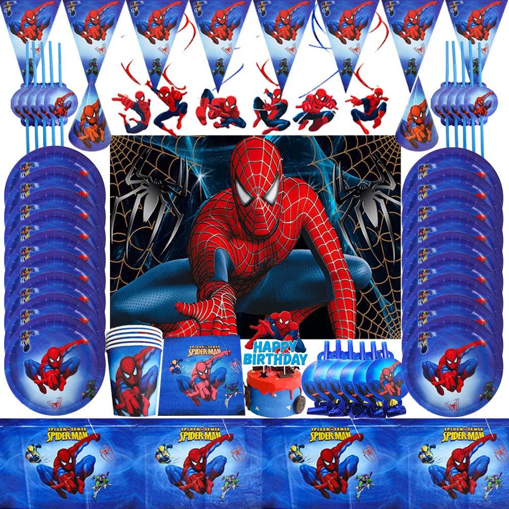 

Spiderman Theme Birthday Party Decoration Disposable Tableware Set Paper Cups Plates Napkins Baby Shower For Kids Party Supplies