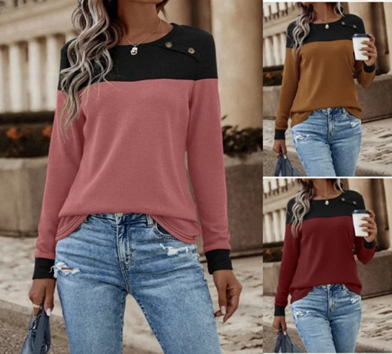 

2023 Autumn and Winter New Women's Top Fashion Round Neck Long Sleeve Casual Loose Color Blocking Solid Color Button T-shirt