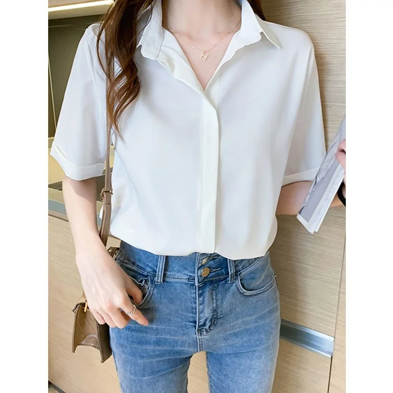 Black Chiffon Shirt Tops Summer New Short Sleeve Solid Color Loose Simplicity Blouse Fashion Casual Women Clothing