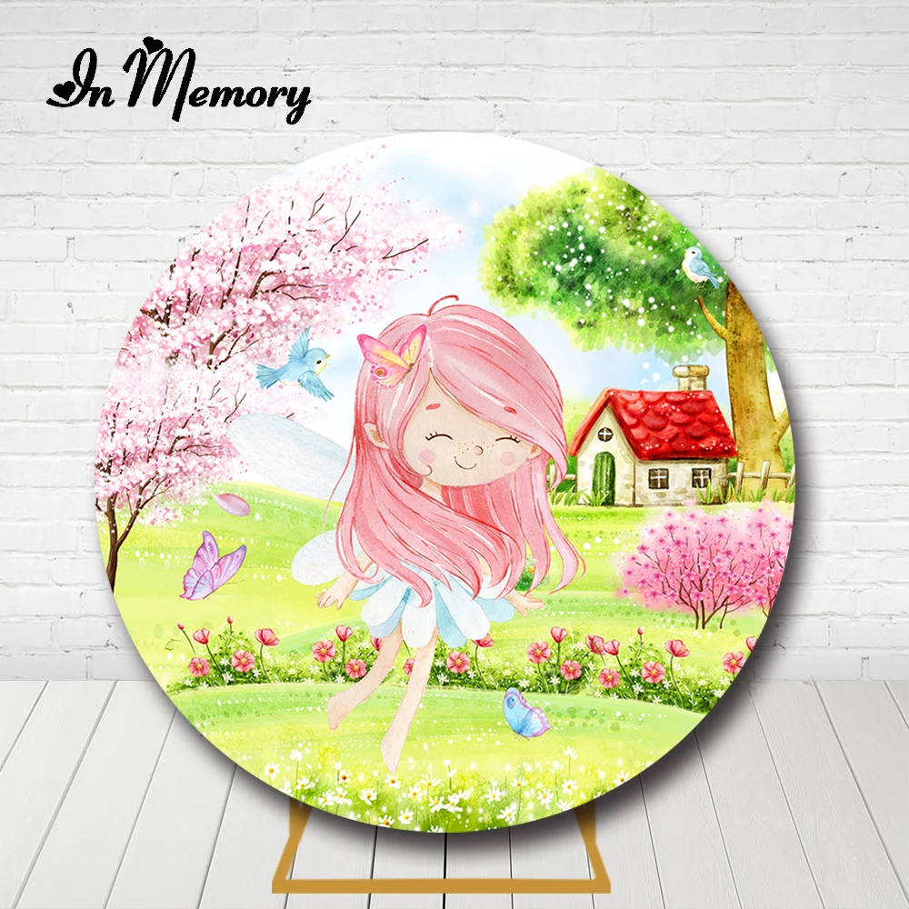 

InMemory весенний розовый цветок бабочка круглая задняя крышка для маленьких девочек на 1-й День Рождения Круглый фон эластичный