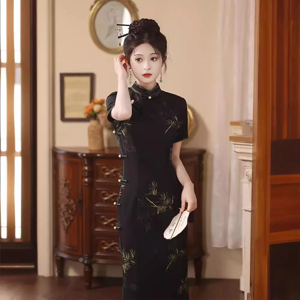Новинка Ципао в китайском стиле женское черное летнее бамбуковое платье тонкое