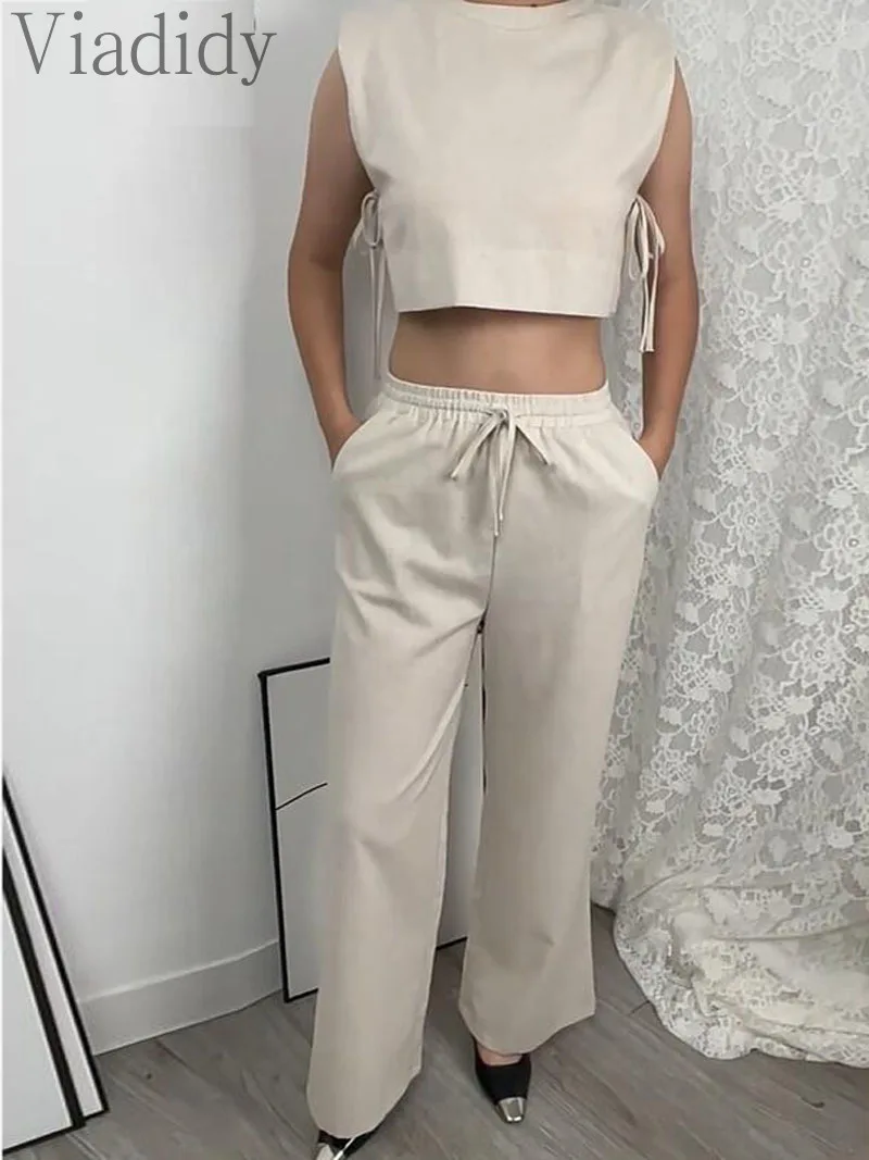 Женский Повседневный однотонный топ без рукавов на шнуровке и эластичные прямые