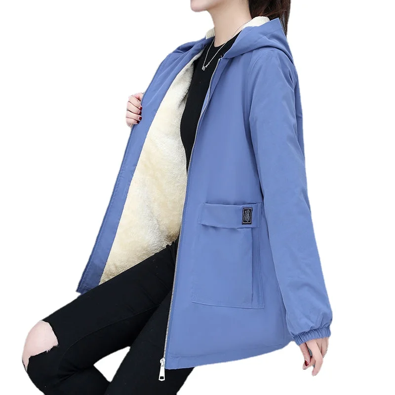 

M-3XL Women Windbreaker Winter Autumn Women's Fleece Jacket Coats Loose Hooded Mid Long Overcoat Zipper Pocket Female Basic Coat