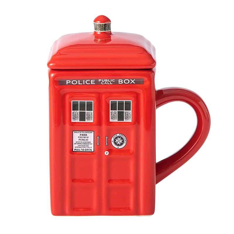 

Creative Coffee Cup with Lid Red Blue Ceramic Mug Retro Police Booth Porcelain Coffee Mugs Tea Cup Couple Coffeeware Gifts Ideas