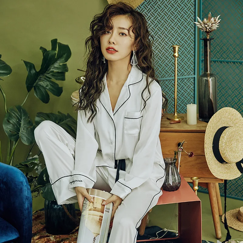 Women's 2 Piece Pajamas Sets Cute Pijama Faux Silk Satin Pyjama Female Sleepwear Long Sleeve Shirt Long Pants Homewear for women