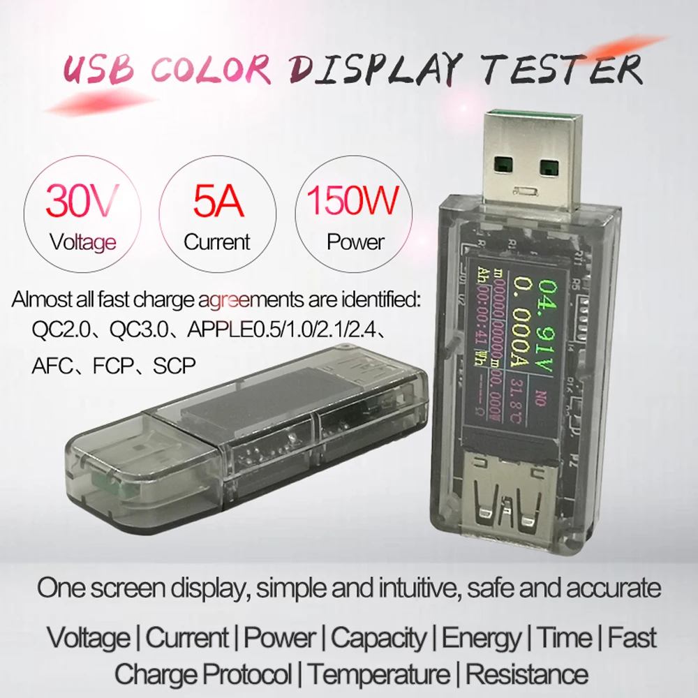 

USB Current Voltage Tester Capacity Meter Colorful Screen Display Support Quick Charger FCP AFC DCP Current Voltage Detector