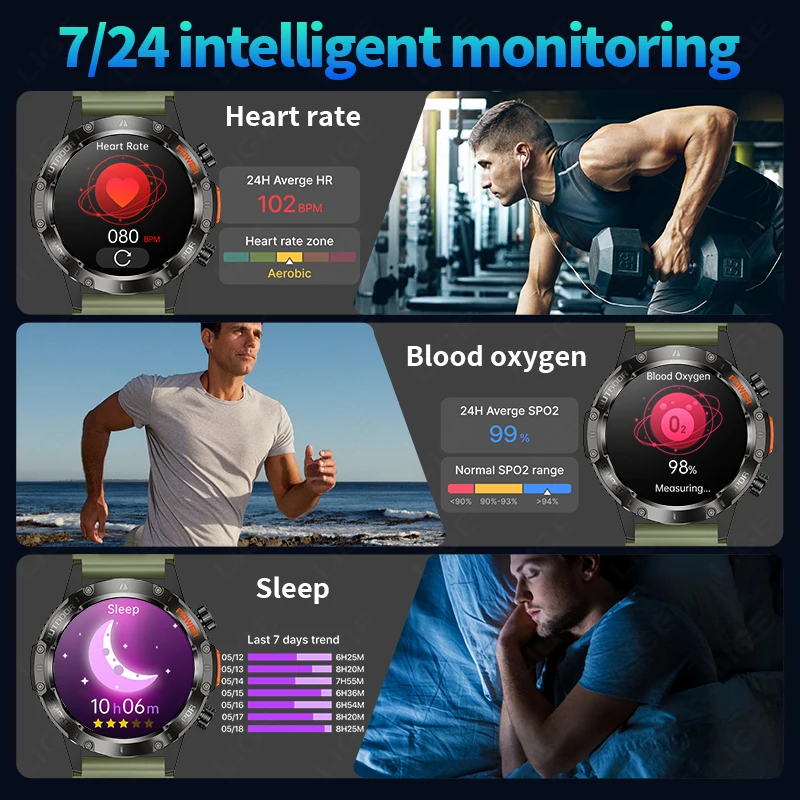 Фото LIGE IP68 уличные умные часы для мужчин 290 мАч светодиодный фонарик часы Bluetooth вызов пульс 100+ спортивные умные часы мужские 2025 новинка №3