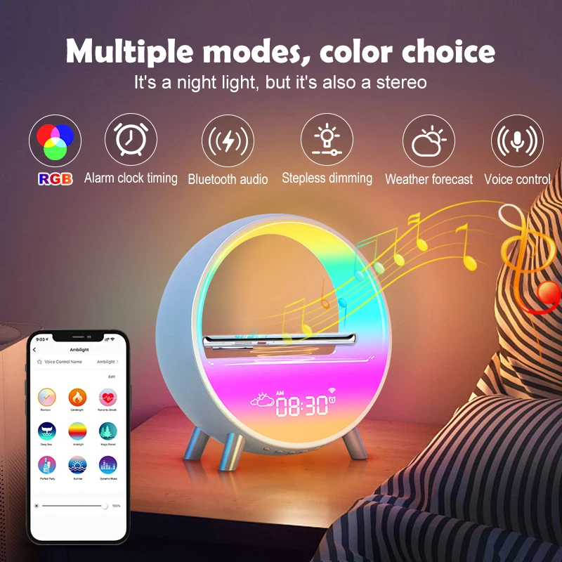 

Светильник-будильник Sunrise с беспроводной зарядкой и Bluetooth-динамиком, 15 Вт