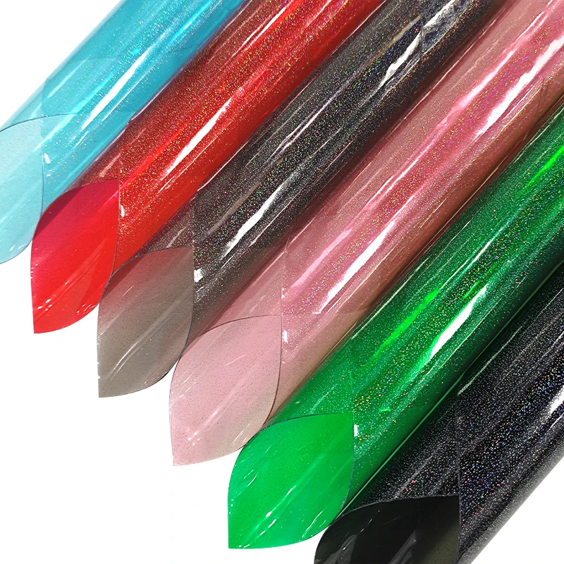 

30*120CM Transparent PVC Film Roll Rainbow Ribbon Thin Flash Synthetic Leather Vinyl Fabric for Bow Notebook Cover Craft DIY