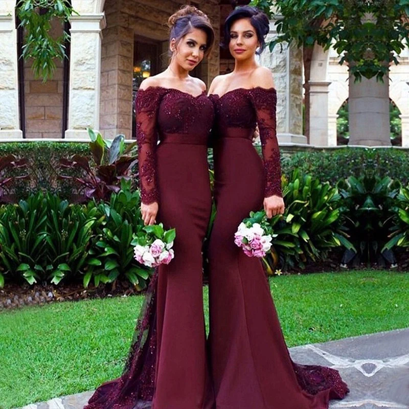 

ANGELSBRIDEP Burgundy Bridesmaid Dresses Mermaid Long Sleeve Beaded Court Train Applique Lace Wedding Formal Maid Of Honor Gowns