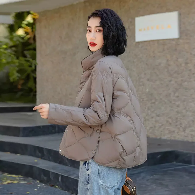 Autumn and Winter Stand-up Collar Down Jacket Women's Short White Duck Down Warm Winter Clothing Coat Light Retro Artistic
