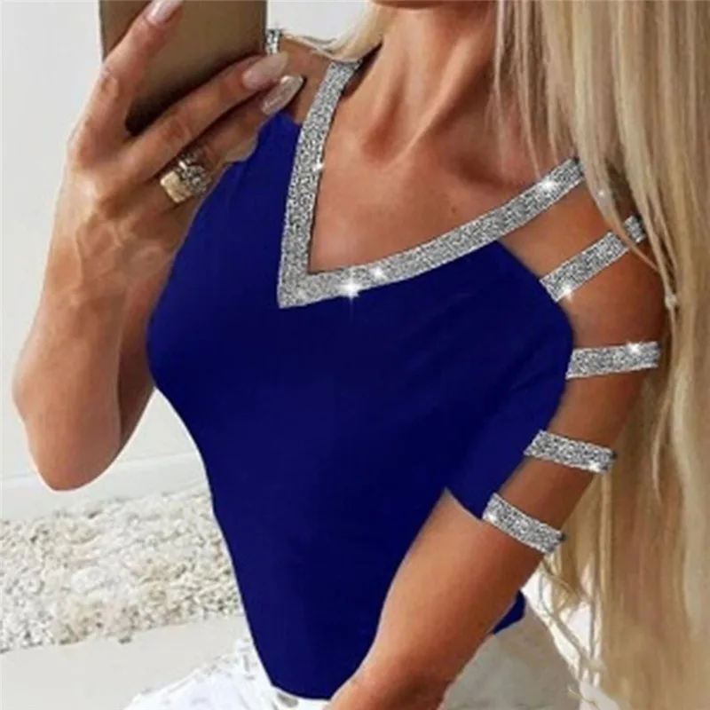 

Spring Summer Autumn Cute Short Sleeve T Shirt Women Summer Solid Strappy Tee Shirt Casual Cold Shoulder Tops