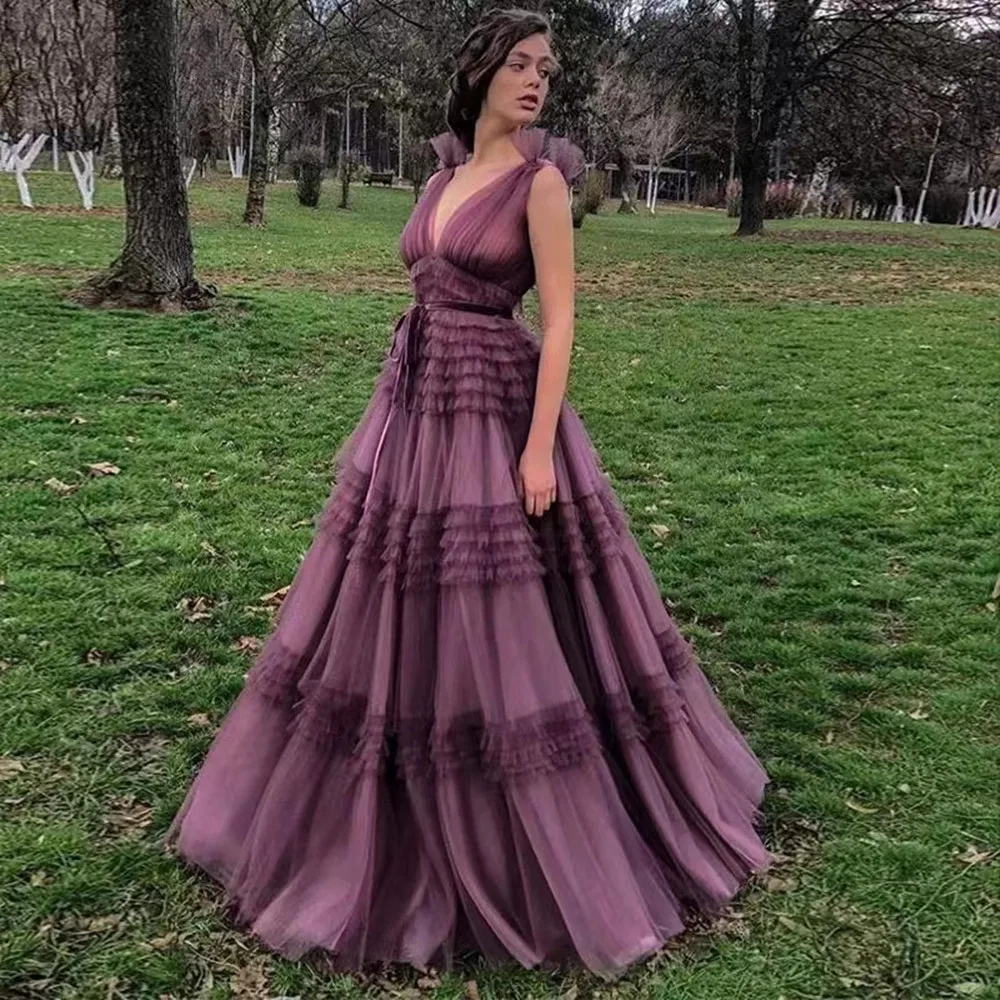 

Dark Purple Layered Tulle A Line Prom Dresses V Neck Floor Length Evening Gowns Gorgeous Formal Dress Women