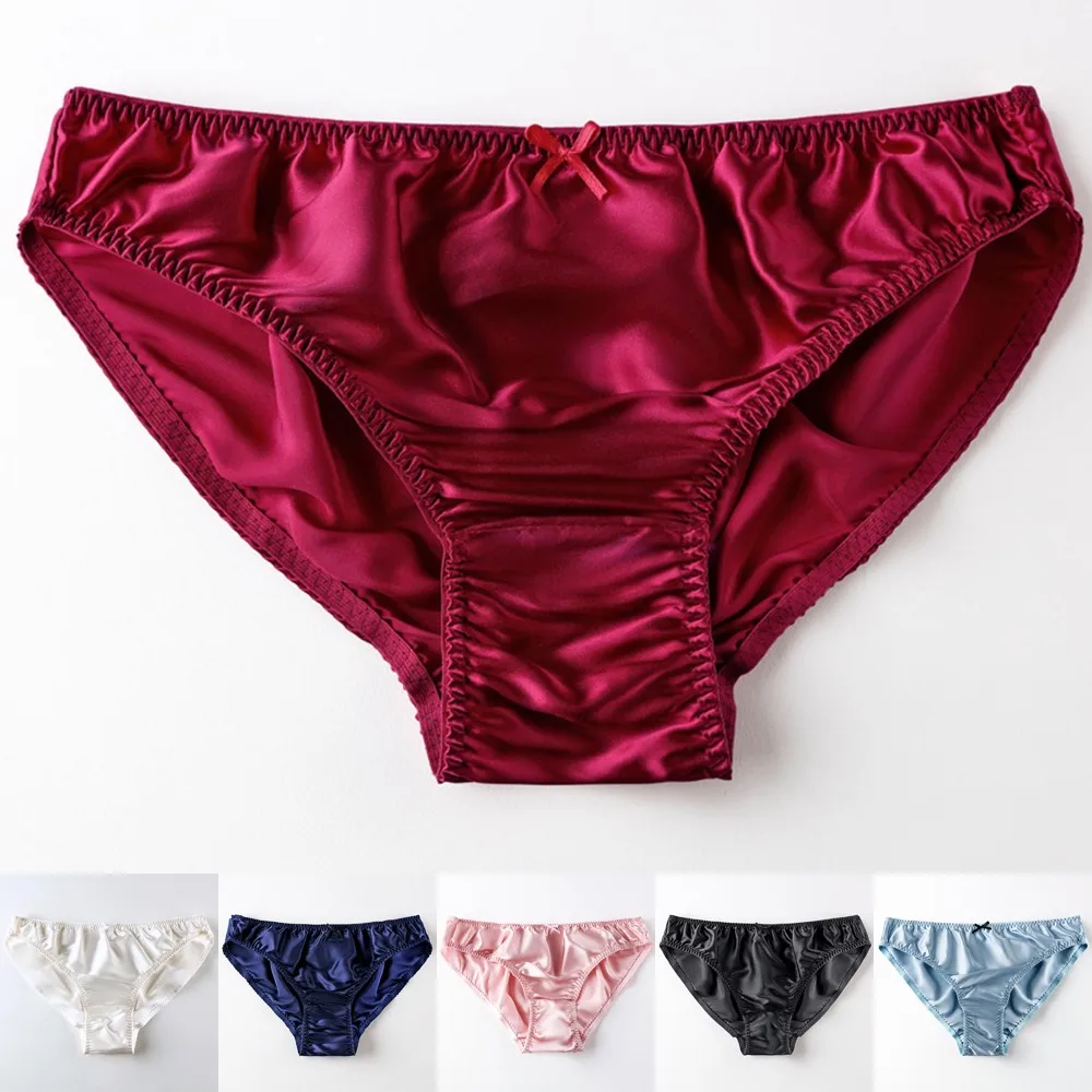 

100% Silk Bow Panties Womens Low-waisted Ruffle Thongs Ladies Elegant Briefs Bikinis Underwear Women Sexy Ropa Mujer