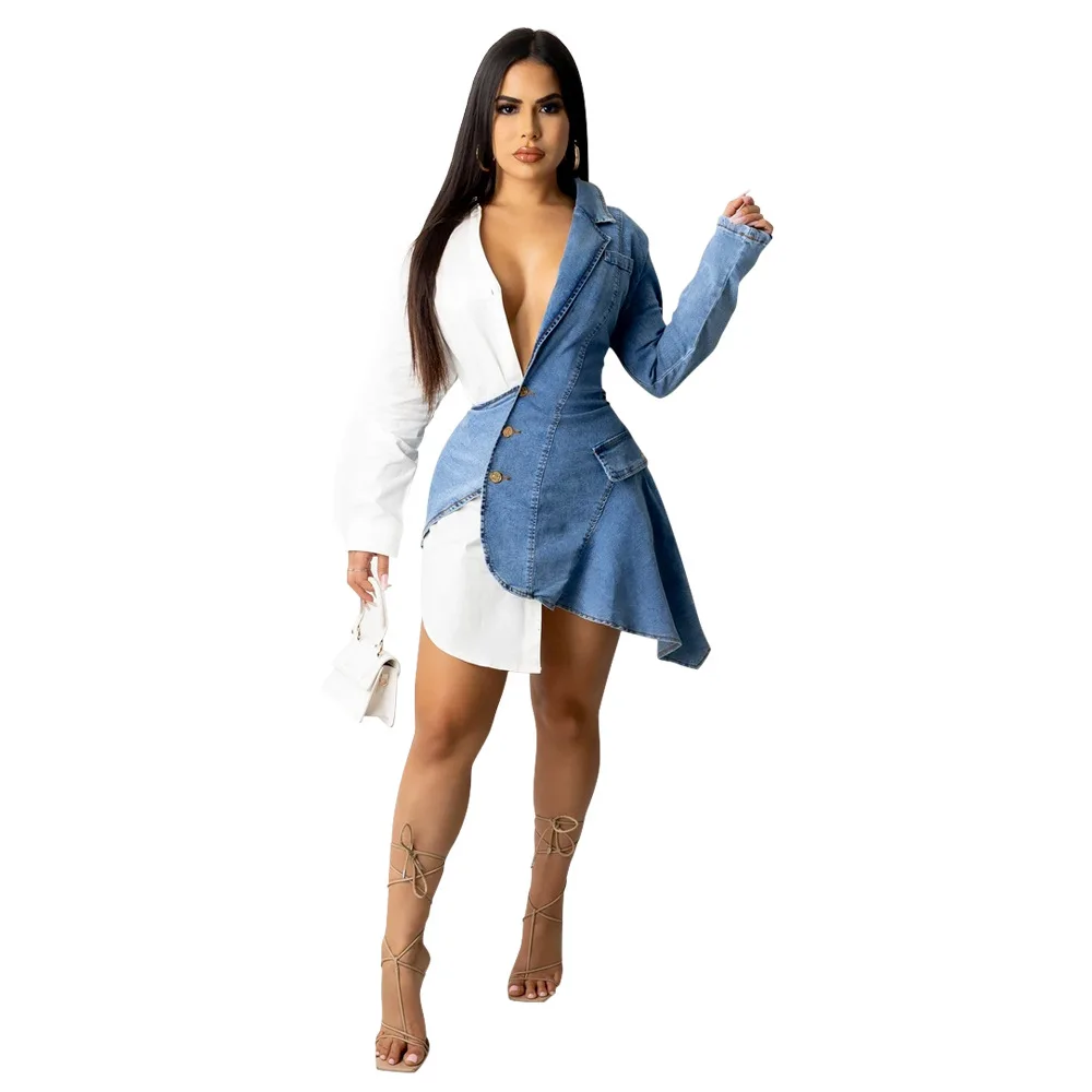 

Sexy V-neck Denim Patchwork Irregular Dress for women 9289