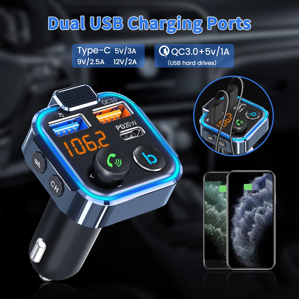 

Car Hands-Free Bluetooth-Compaitable 5.0 FM Transmitter Car Kit MP3 Modulator Player Handsfree Audio Receiver 2 USB Fast Charger