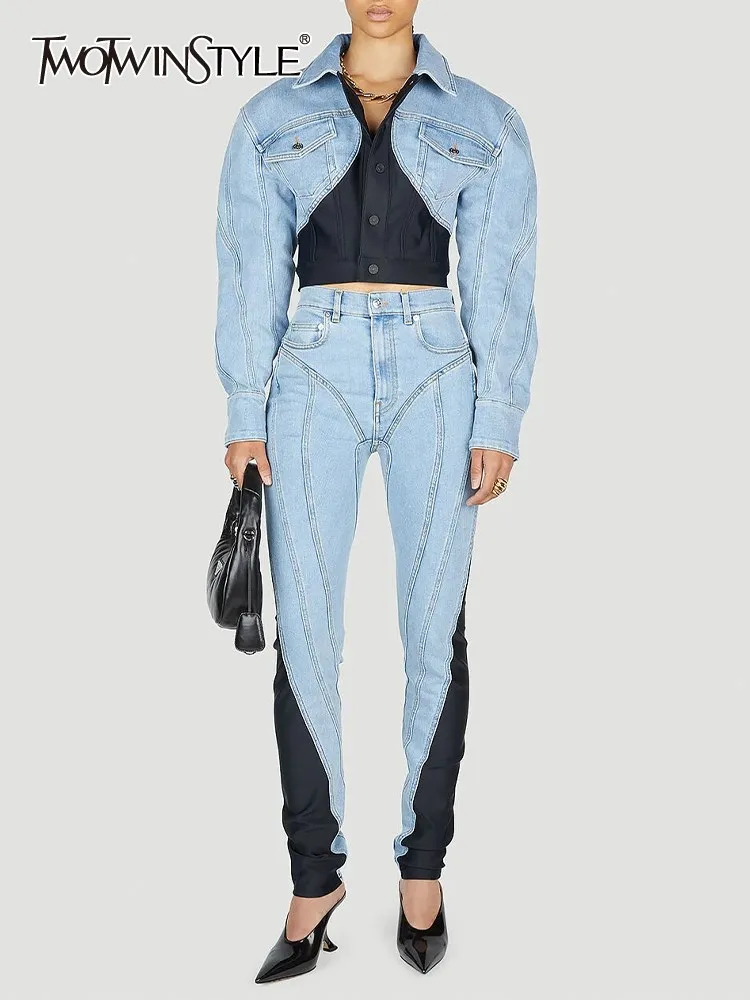 

TWOTWINSTYLE Hit Color Two Piece Set Women Lapel Long Sleeve Top High Waist Full Length Pencil Jeans Spliced Denim Fashion Suits
