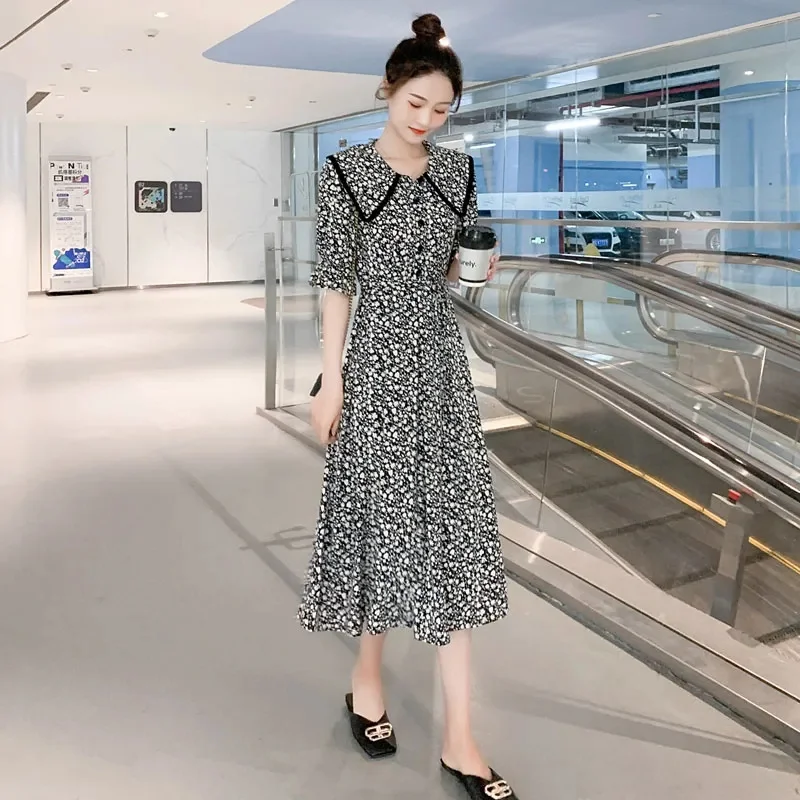 

2022 Summer New Fashion French Retro Mid-Length Floral Dress Temperament Waist Doll Collar Chiffon Dress M1191