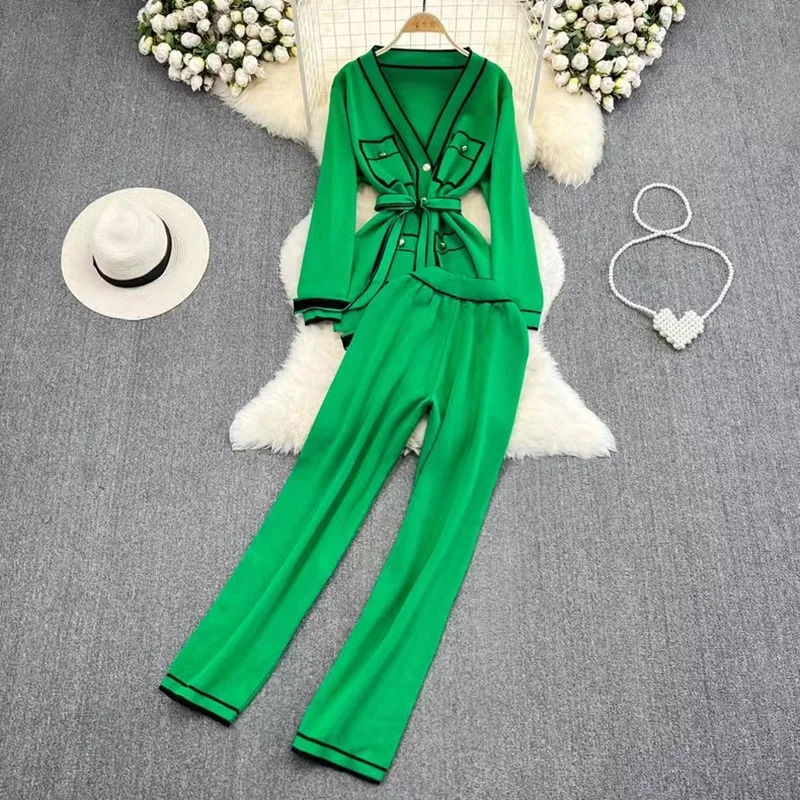 

2023 New Autumn Contrast Color Knitted Women's Suits V Neck Single-Breasted Lace-Up Tops + Straight Wide Leg Pants 2 Piece Sets