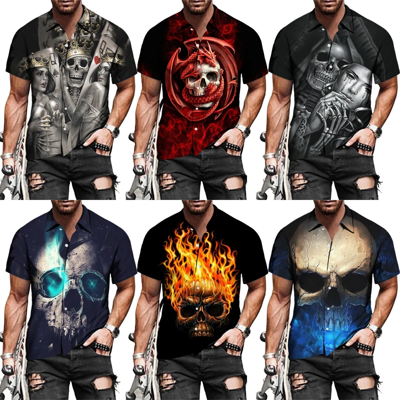 Крутая Готическая Мужская рубашка с 3D-принтом черепа на пуговицах отложным