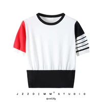 tb red and white color matching round neck striped four bar ice silk short sleeved t shirt womens waist thin top