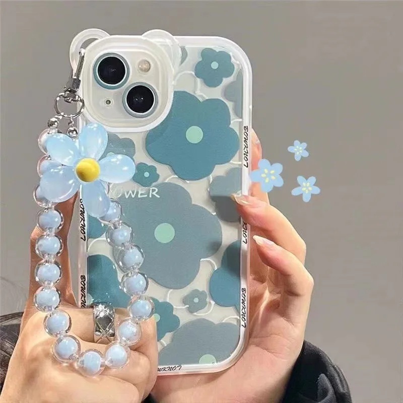 

Cute Flower Phone Chain Silicone Case for iphone 14 13 12 11 Pro Max Soft Cover Luxury Plating Clear Case