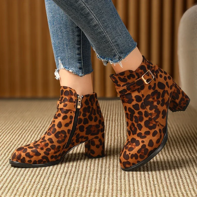 Leopard Suede Women Ankle Boots Mid Heels Chunky Shoes Women's Winter 2025 Trend New Fashion Designer Elegant Female