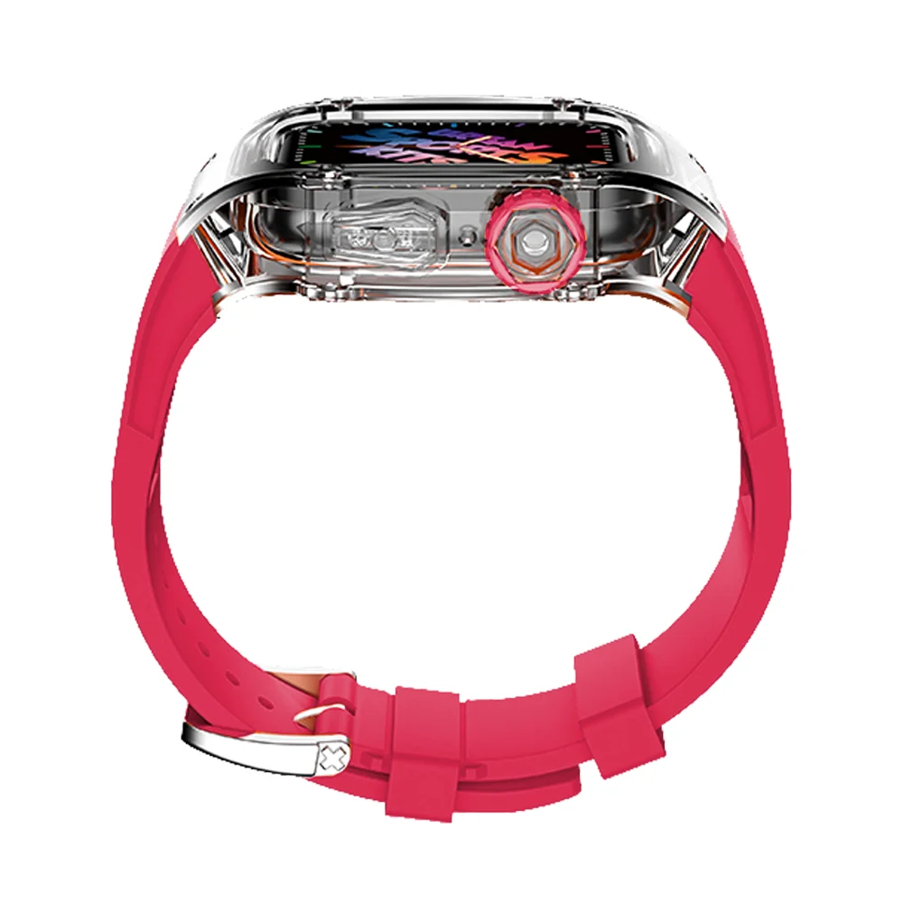 Transparent Bezel Metal Case for Apple Watch 44MM 45MM Fluorine Rubber Strap for Iwatch Series 7 6 5 4 Se Urban Sports Mod KITS