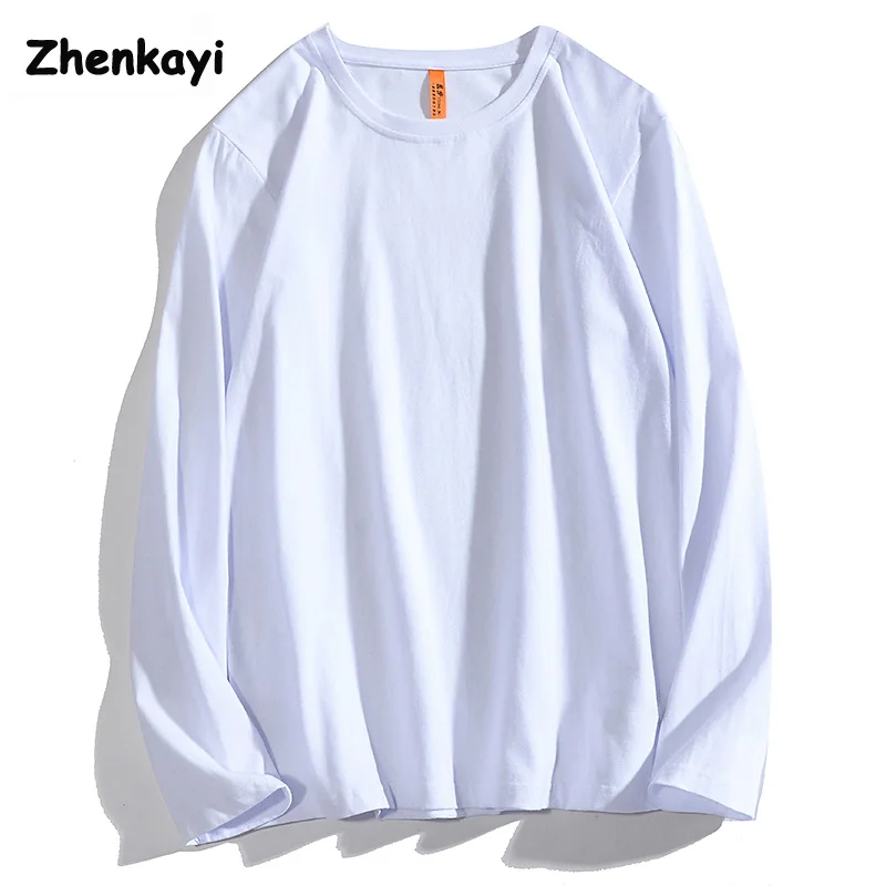 

Zhenkayi Solid Color Opaque Cotton Round Neck Long-sleeved T-shirt Pure White Bottoming Shirt Men's and Women's T-shirt Top