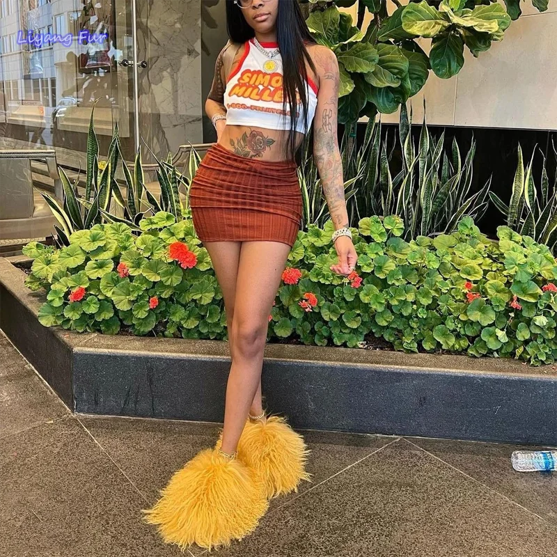 New Style Long Hair Tibetan Sheep Fur Slides Custom Color Mongolian Lamb Fur Slippers