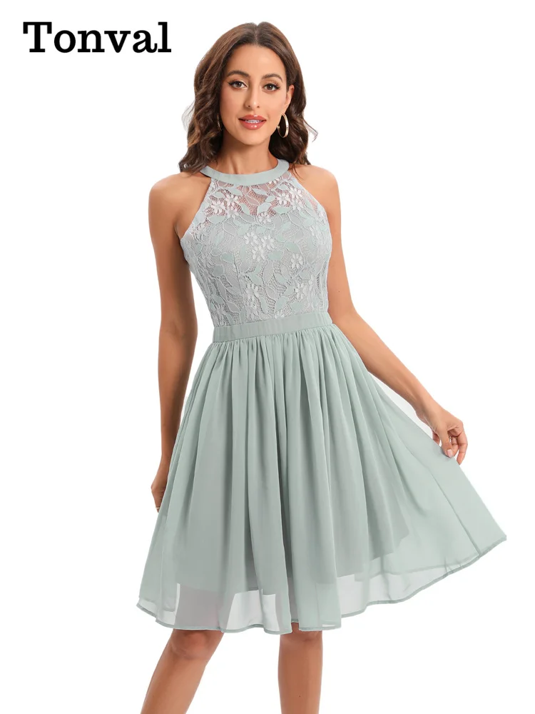 

Tonval Floral Lace and Pleated Chiffon Sleeveless Vintage Dress Halter Summer Women Elegant Party Fit and Flare Dresses