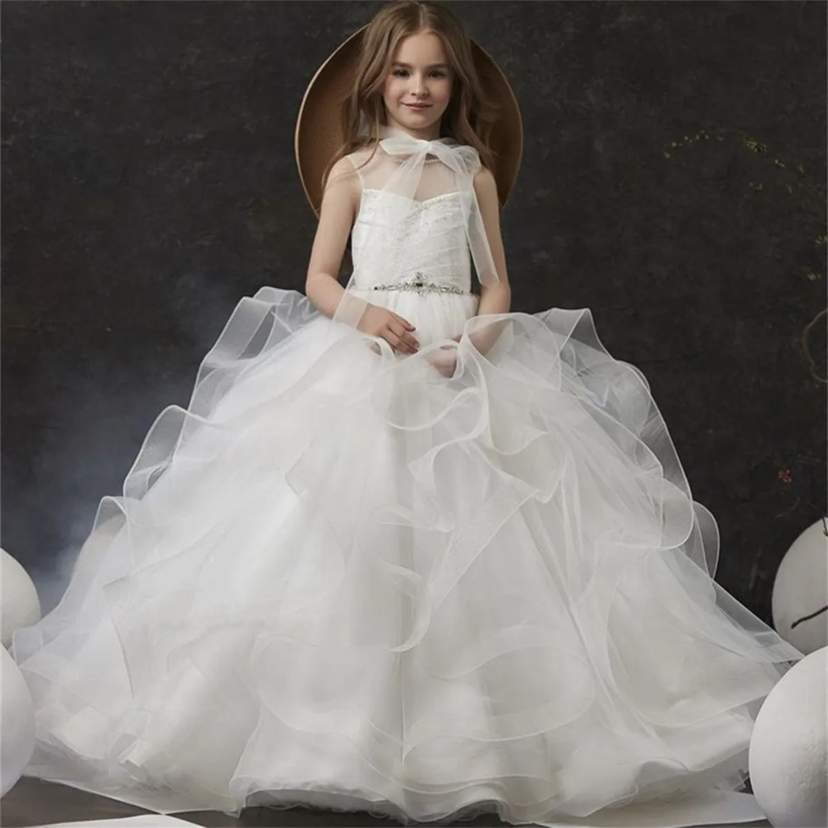 

Элегантное Белое Тюлевое платье с оборками и цветочным принтом для девочек, свадебное платье без рукавов с круглым вырезом, блестящее платье принцессы для первого причастия с бисером