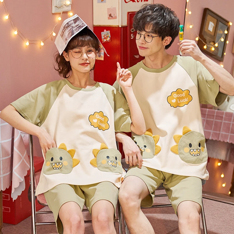 

Summer Couple Sleepwear Women Men Pajamas Set Korean Pijama Suit Lady's Cartoon Dinosaur Loose Lover Pyjama Night Wears